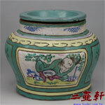 晚清同治年間中國宜興上釉加彩紫砂茶葉罐,古董罐,紫砂罐 凹蓋型