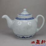 80年代景德鎮外銷瓷器青花玲瓏米孔茶壺,米粒壺瓷壺