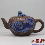 晚清宜興紫砂加彩青花臥獅壺,老壺,早期原礦壺